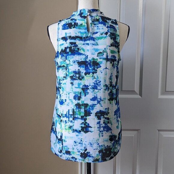 Vince Camuto Petite Small white blue green sleeveless abstract print blouse - Picture 4 of 10